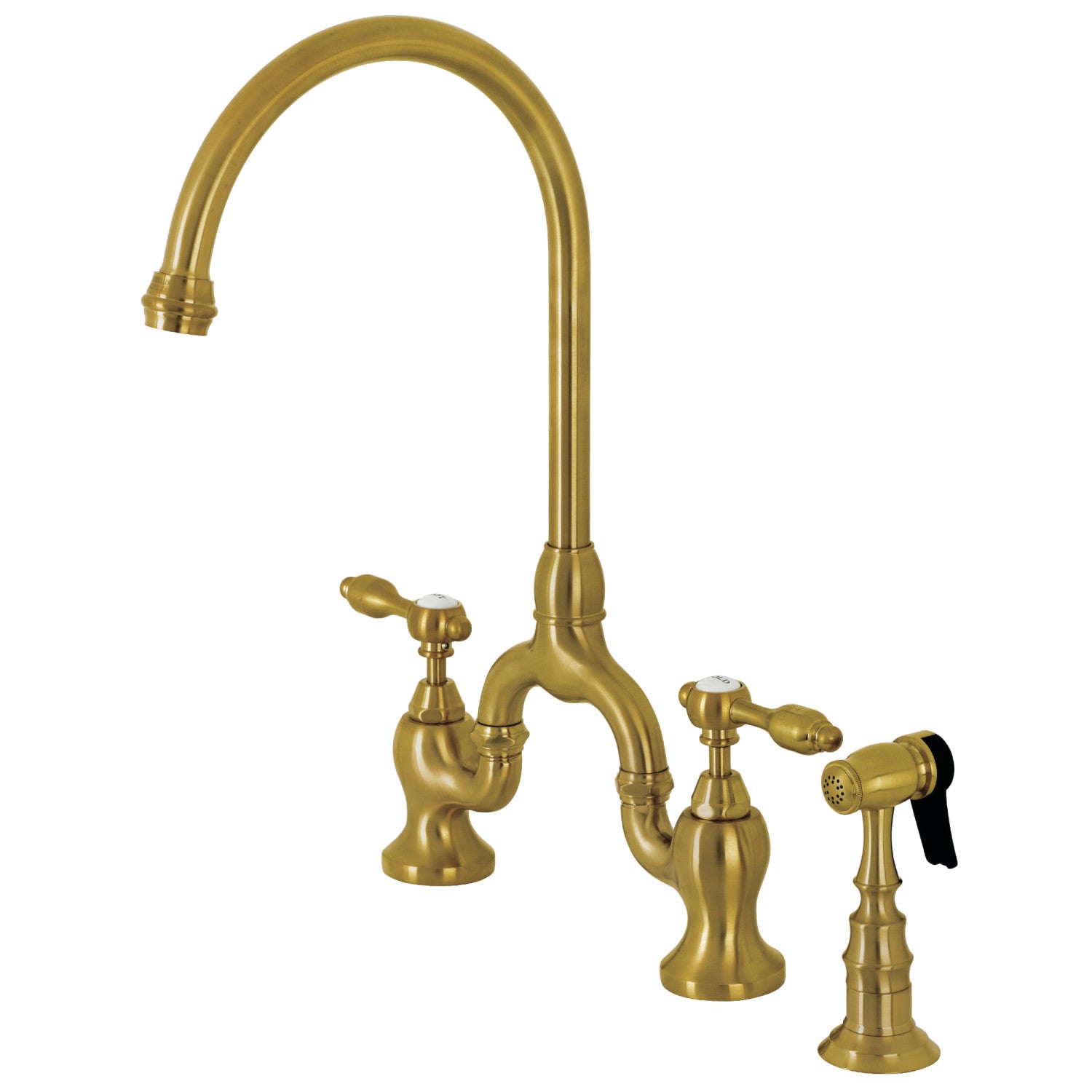 Kingston Heirloom KS7797TALBS - Tudor Two-Handle 3-Hole Deck Mount Bridge Kitchen Faucet with Brass Sprayer, Brushed Brass — image 1